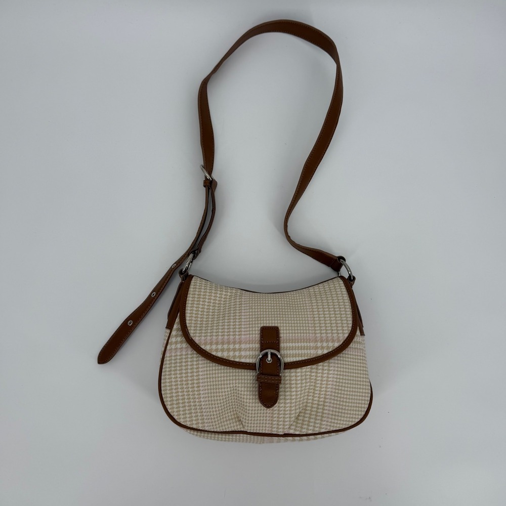 Y2K Satchel Houndstooth Crossbody Bag Brown Trim Pink Lining Adjustable Strap